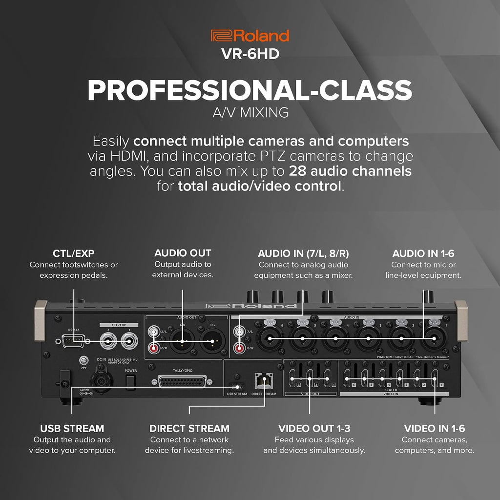 Roland VR-6HD | Ultra-compact Audio/Video Mixer with Direct Streaming Encoders | Ideal for Livestreaming | Extensive A/V Connectivity | 4.3' Touch Screen Multi-Viewer Display | Advanced Editing Tools