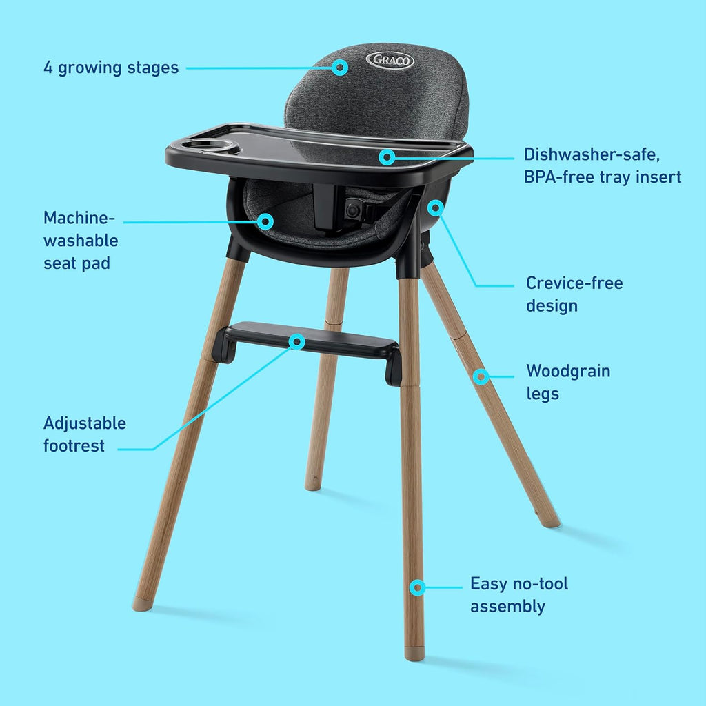 Graco Ready2Dine DLX 4-in-1 Highchair, Portable High Chair with 4 Growing Stages, Foldable Baby High Chair, Toddler Feeding Seat, Youth Stool, and Big Kid Seat, Hazen