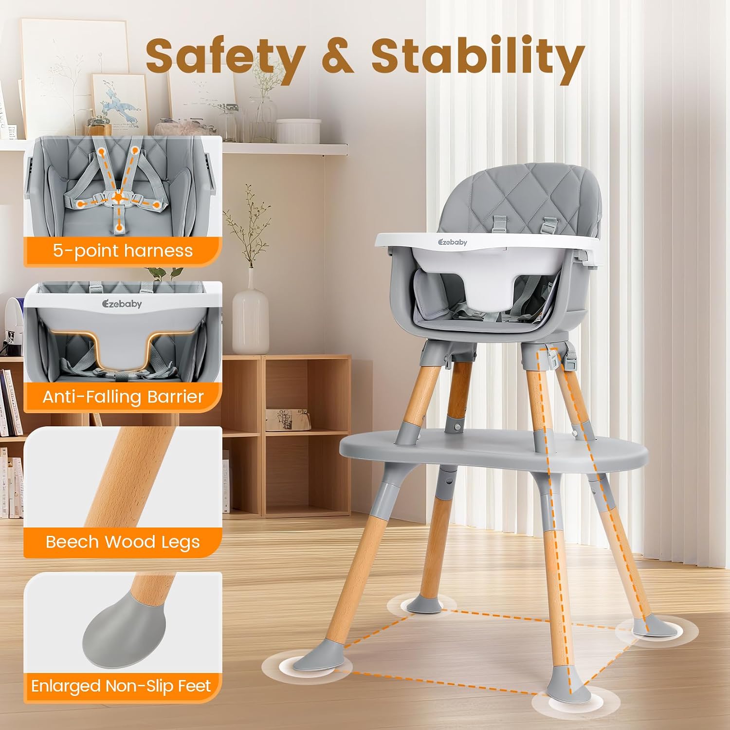Ezebaby 8-in-1 Baby High Chair, Convertible High Chair for Babies and Toddlers/Booster Seat/Toddler Chair/Table & Chair Set/Kids Stool, Wood Highchair with Removable Tray, Seatbelt, PU Cushion (Gray)