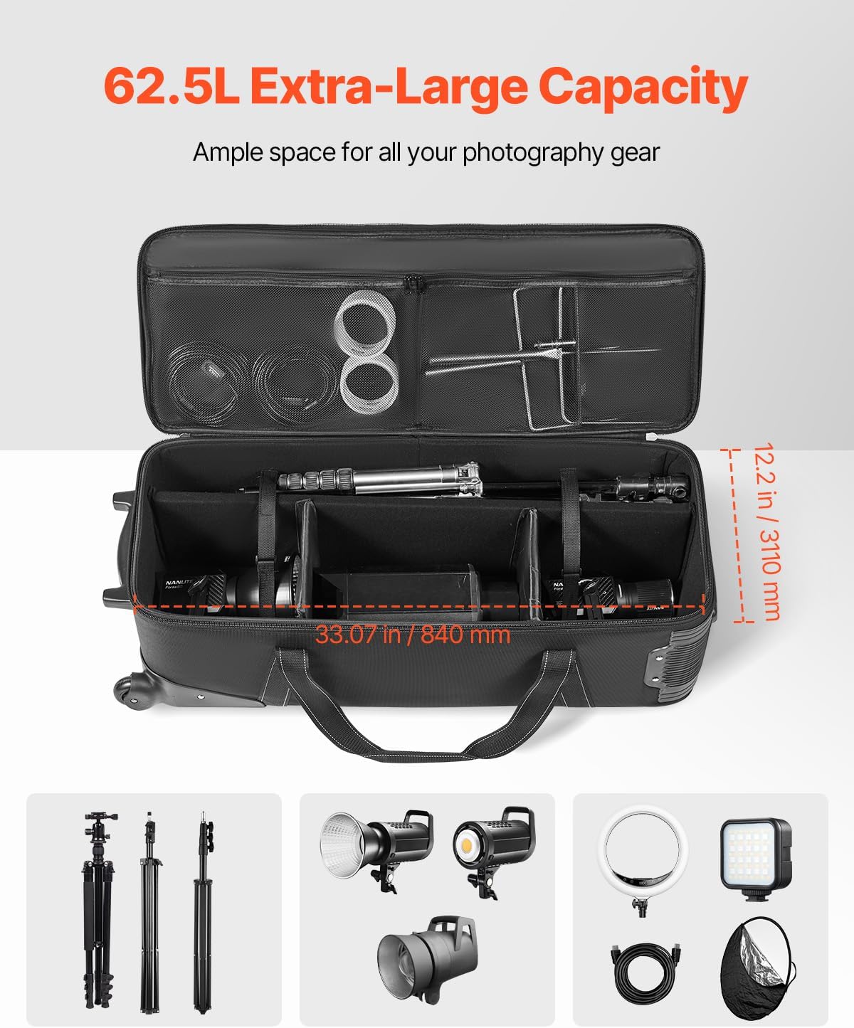 VEVOR Studio Equipment Trolley Case, 35.83 x 11.81 x 14 in / 91 x 30 x 35.5 cm, Rolling Camera Bag, Carrying Bag with Wheels Straps Padded Compartment Handle, for Light Stands, Tripods, Telescopes