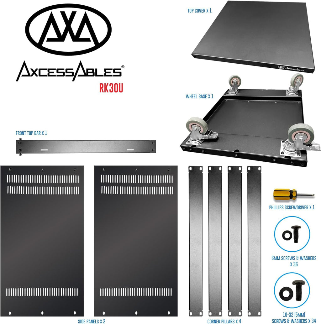 AxcessAbles 30U 19-Inch Rolling IT Server Rack 550LB Heavy Duty Open Frame with Removable Side Panels Large 3-Inch Wheels for Servers Networking and Audio-Video Equipment Includes 5mm and 6mm Screws