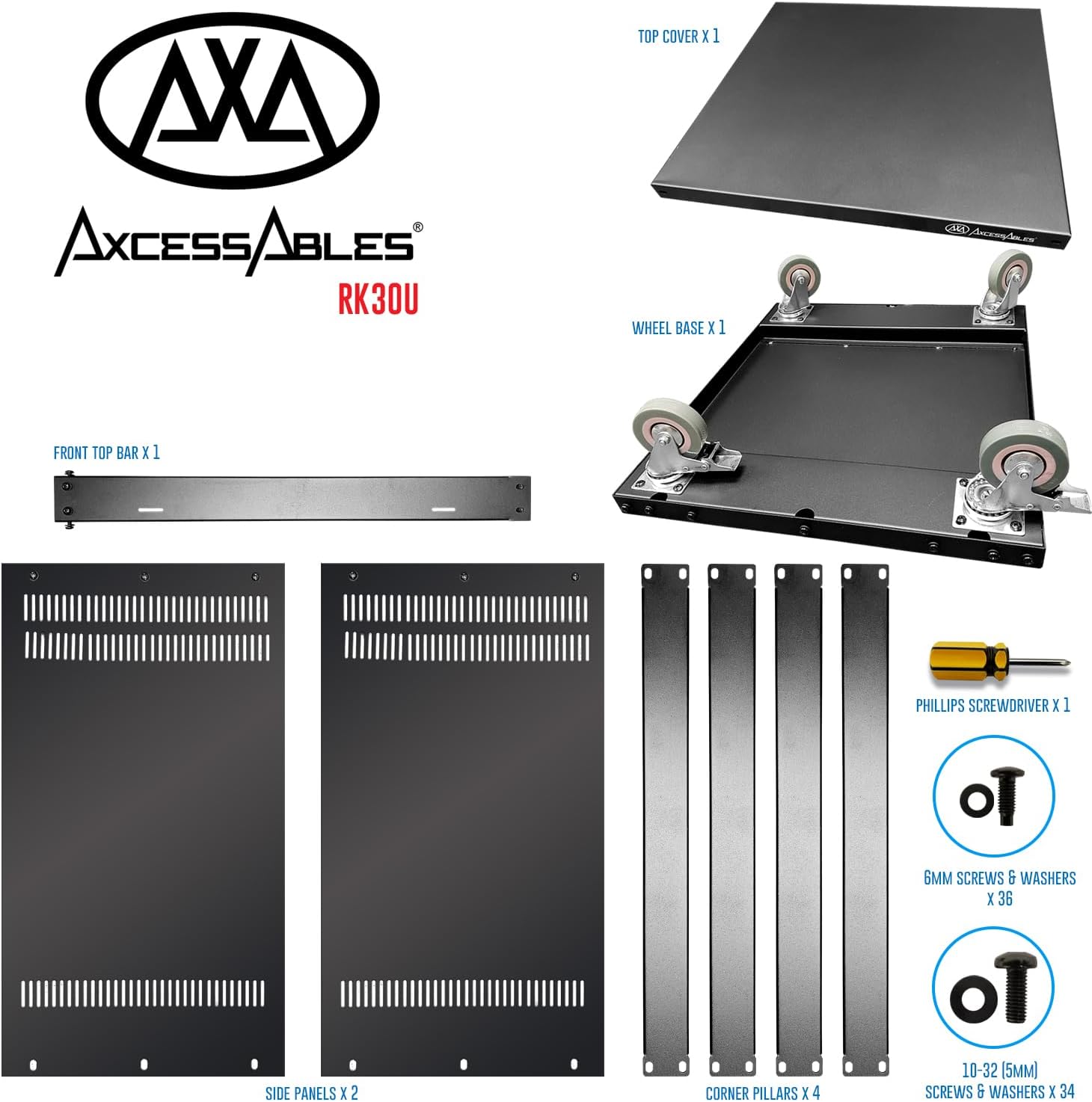 AxcessAbles 30U 19-Inch Rolling IT Server Rack 550LB Heavy Duty Open Frame with Removable Side Panels Large 3-Inch Wheels for Servers Networking and Audio-Video Equipment Includes 5mm and 6mm Screws