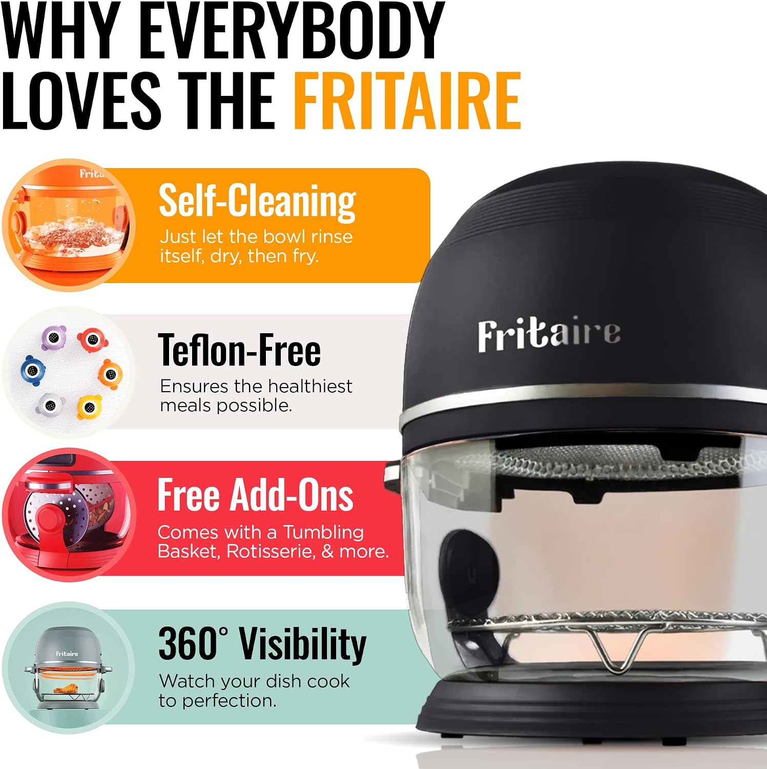 Non Toxic Air Fryer™ Pro | 9-in-1 Glass Air Fryer | Self-Cleaning | 5 Quart | Rotisserie and Tumbler | 400F Vortex For Even Cooking, BPA-Free Teflon Free, Recrisp, Roast, Bake, Black