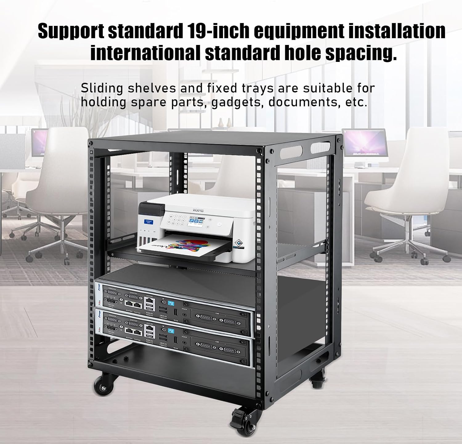 12U Open Frame Server Rack with Wheels Free Standing Network Server Rack for Servers & AV Gear Black