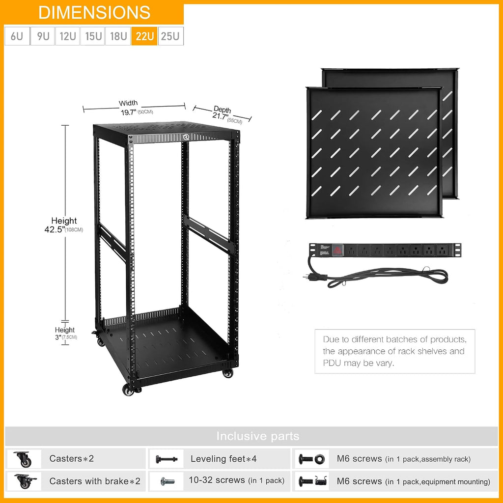 RIVECO 22U Network Rack with Reinforced Top & Bottom Vented Plates - 4 Rolling Wheels Floor Standing for 19' Equipment & Stereo Gear - Including 2PCS Shelves & Rail Mount PDU