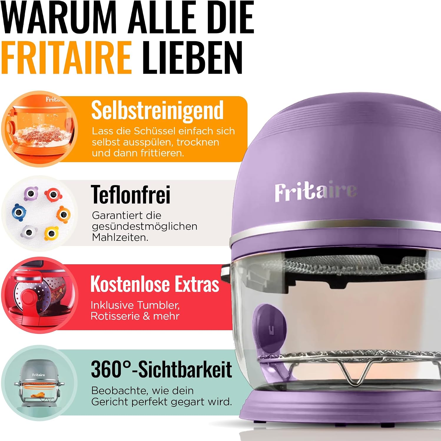 Non Toxic Air Fryer™ Pro | 9-in-1 Glass Air Fryer | Self-Cleaning | 5 Quart | Rotisserie and Tumbler | 400F Vortex For Even Cooking, BPA-Free Teflon Free, Recrisp, Roast, Bake, Lavender