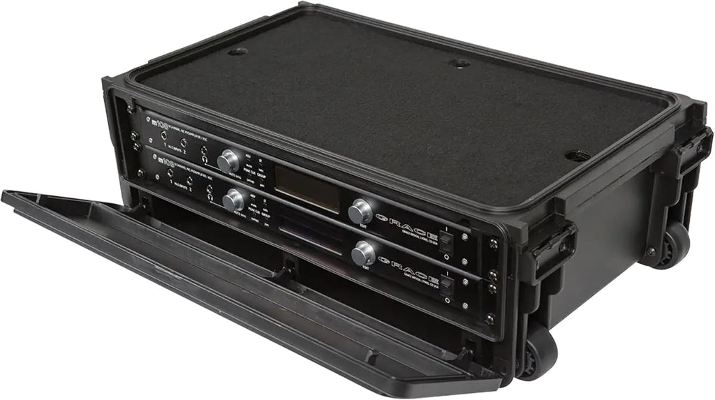 SKB Studio Flyer Rack Case - 2U Waterproof Carry-on with Laptop Surface, Molded Rack Rails, Rubber Cleats and Quiet Wheels, Ideal for Musicians, Black