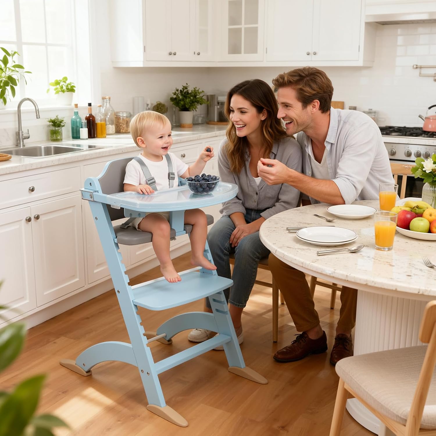Cowiewie New Upgrade 3-in-1 Convertible Wooden High Chair for Babies & Toddlers 10 Levels Adjustable 3-Tier Remove 2 Waterproof Cozy Cushions Blue
