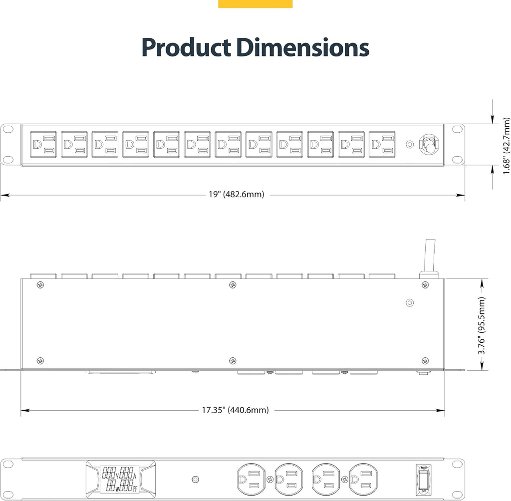 StarTech.com 16-Outlet Horizontal Rack Mount Metered PDU, 1U Server Power Strip w/Surge Protector, 8ft/2.4m Power Cable, TAA