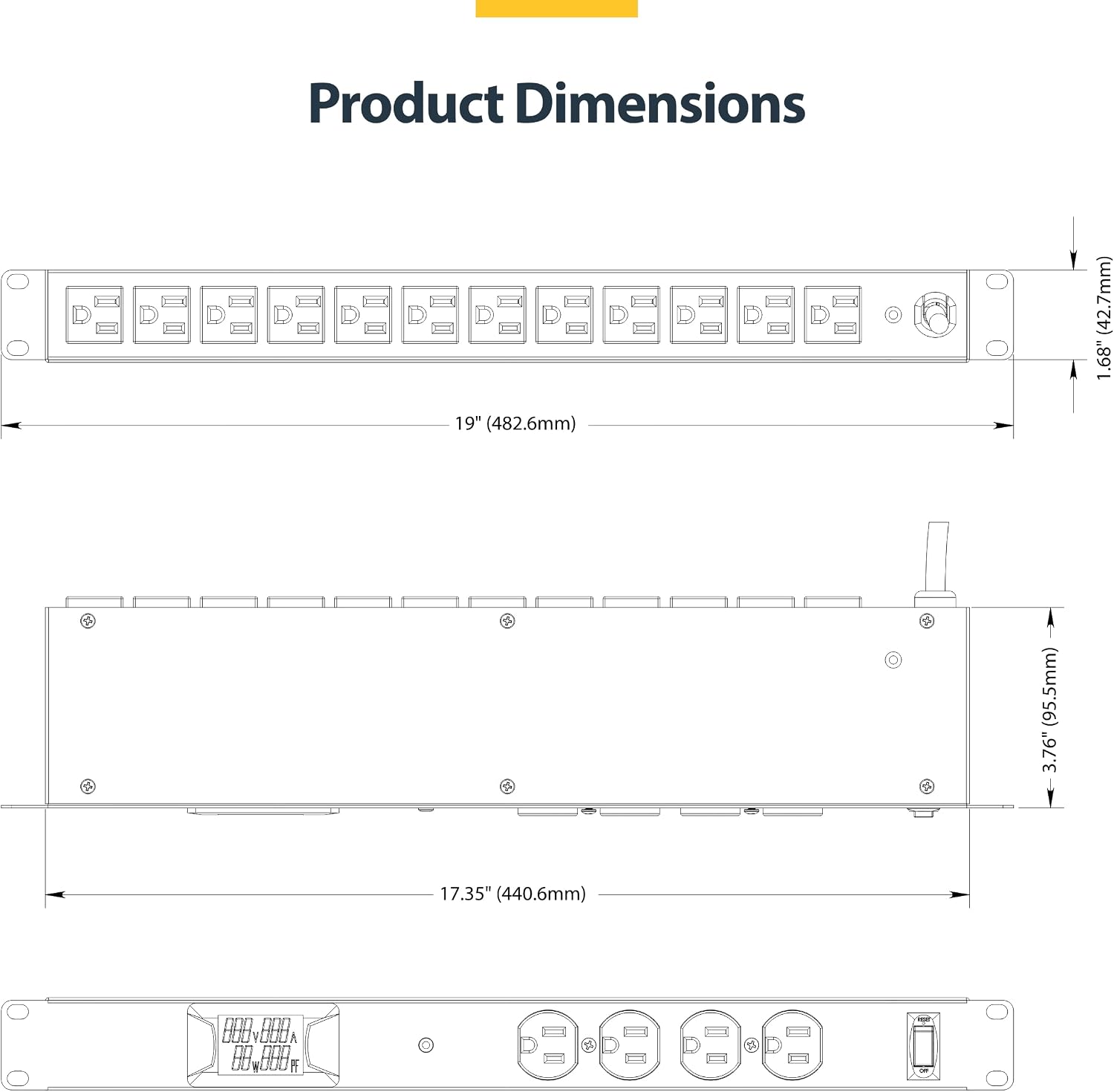 StarTech.com 16-Outlet Horizontal Rack Mount Metered PDU, 1U Server Power Strip w/Surge Protector, 8ft/2.4m Power Cable, TAA