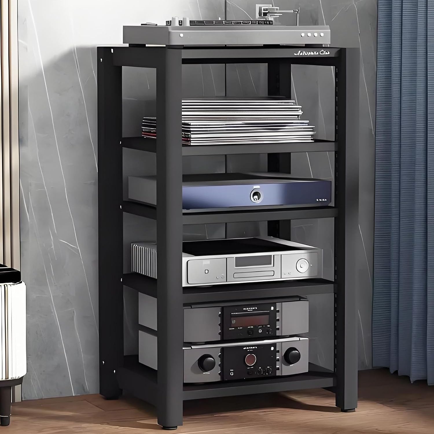 2/3/4/5 Tier Audio Cabinet Record Player Stand Audio Rack, AV Component Media Stand, Tower Player Stand, Home Stereo Rack System With Height-Adjustable Shelf, For DVD Players TV Box Game Console(Black