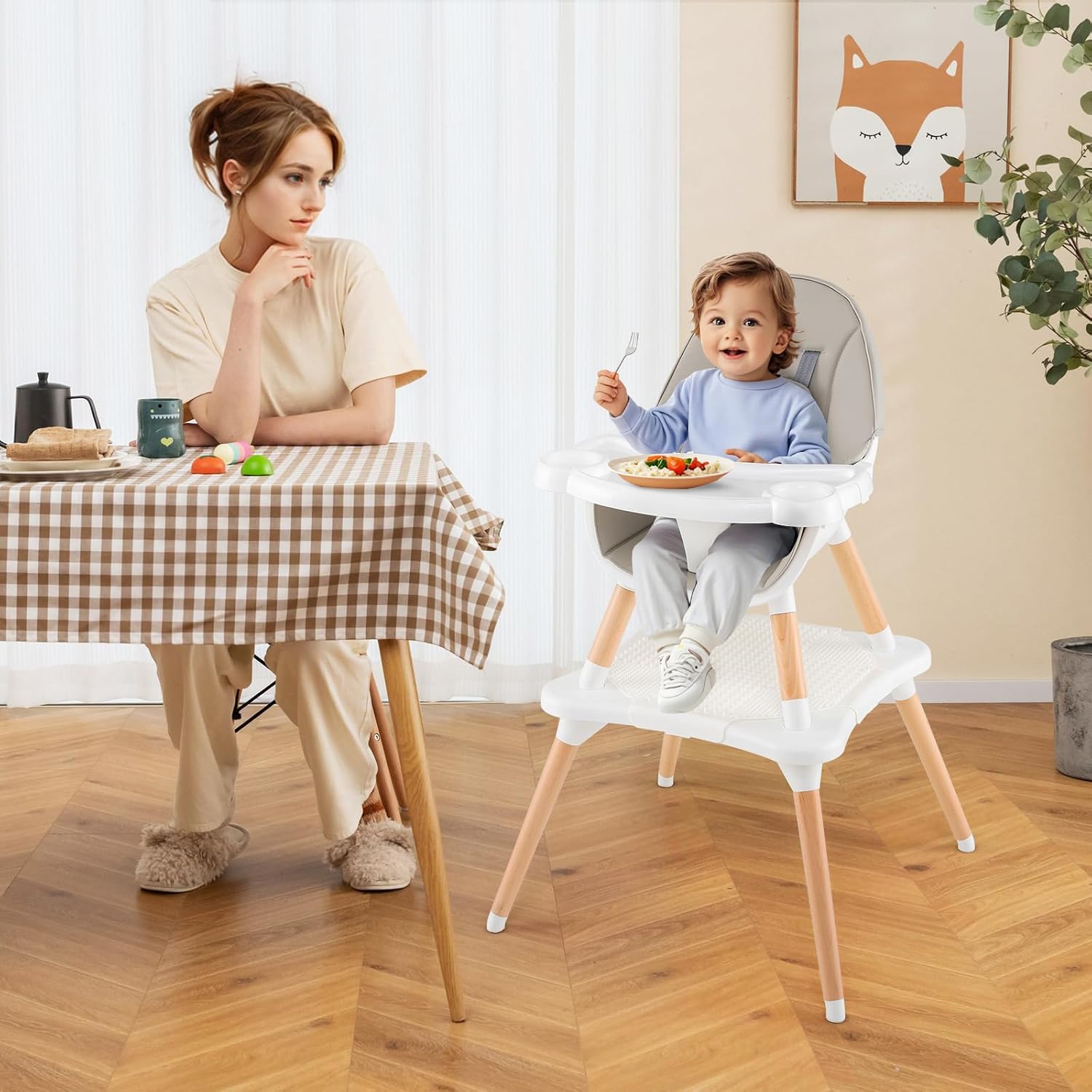 HONEY JOY Baby High Chair, 6-in-1 Convertible Wooden Highchair for Babies and Toddlers/Table Set/Toddler Chair with Safety Harness, 4-Position Removable Feeding Tray (Gray)