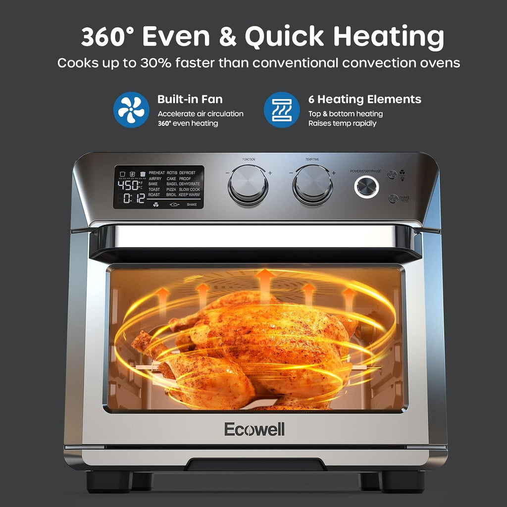 ECOWELL Air Fryer 26.4QT Chicken Fryer, 15-in-1 Air Fry/Roast/Bake/Dehydrate/Broil/Reheat, Precision 150-450°F Heating, 85% Less Oil Healthier Cooking, Dishwasher-Safe Basket & Plate for Home