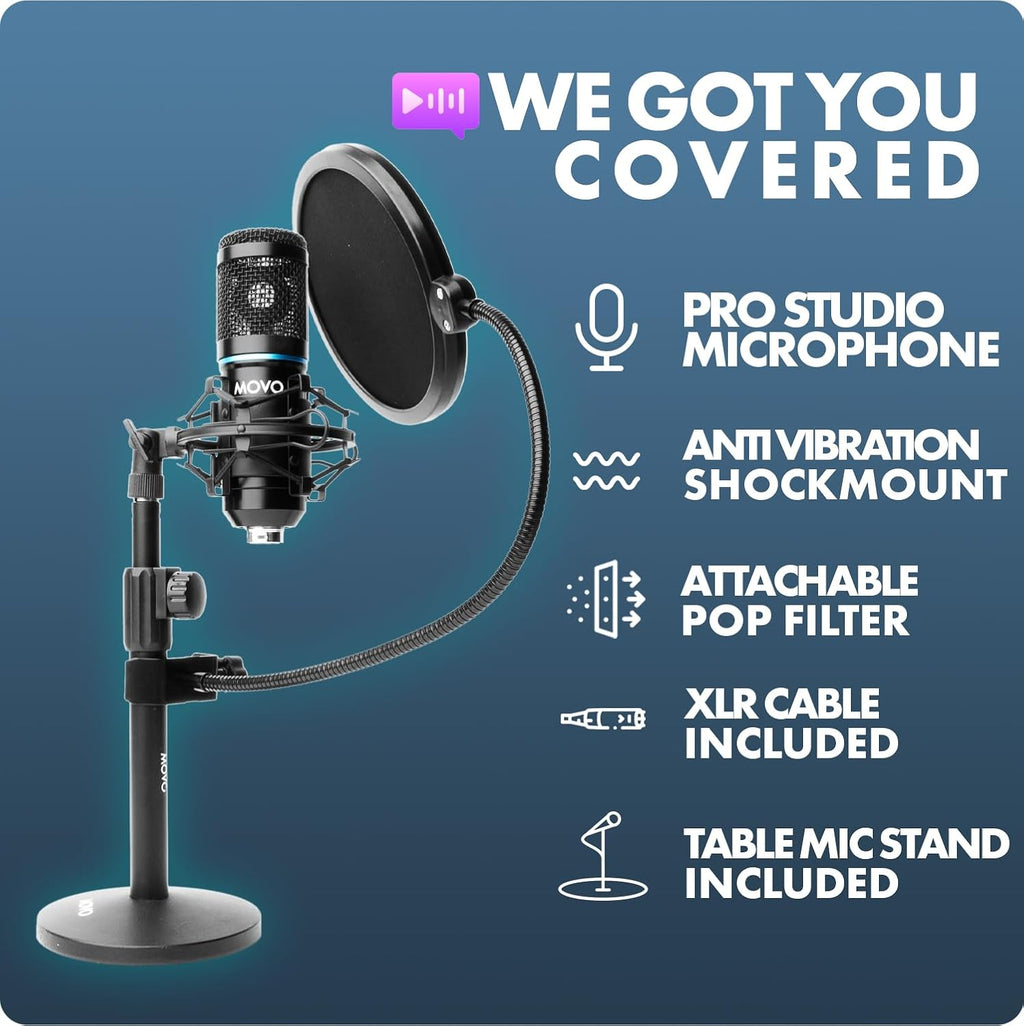 Movo PodPak4T 4-Pack Universal XLR Podcast Microphone Bundle- Includes 4 Cardioid Condenser Mics, Desktop Mic Stands, Pop Filters, Shock Mounts, and Cables for Podcast Equipment