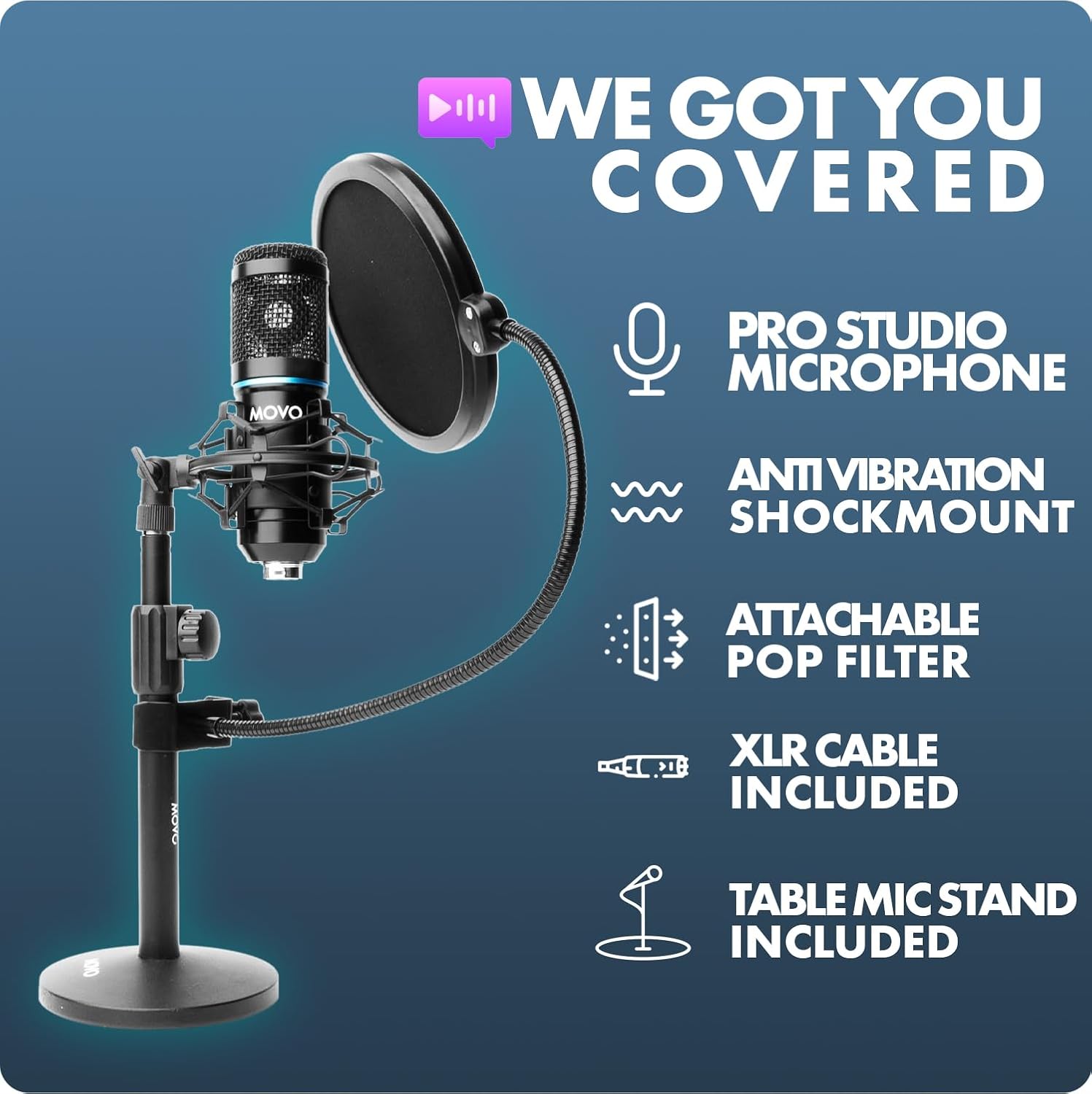 Movo PodPak4T 4-Pack Universal XLR Podcast Microphone Bundle- Includes 4 Cardioid Condenser Mics, Desktop Mic Stands, Pop Filters, Shock Mounts, and Cables for Podcast Equipment