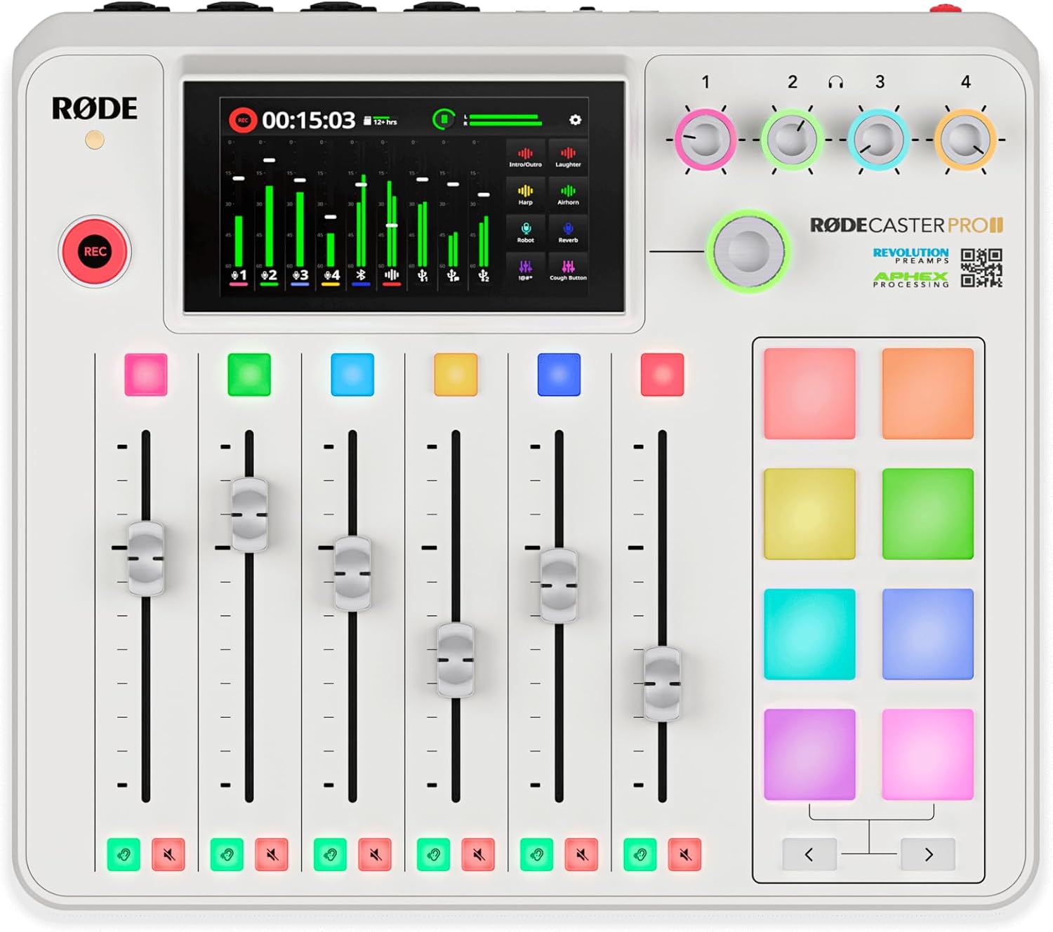 Rode RODECaster Pro 2 (White) Ultimate Podcasting Bundle with 4x PodMics, PSA1+ Boom Arms, NTH-100 Headphones, WS14 Podmic Pop Filter & Color-Coded XLR and Headphone Cables