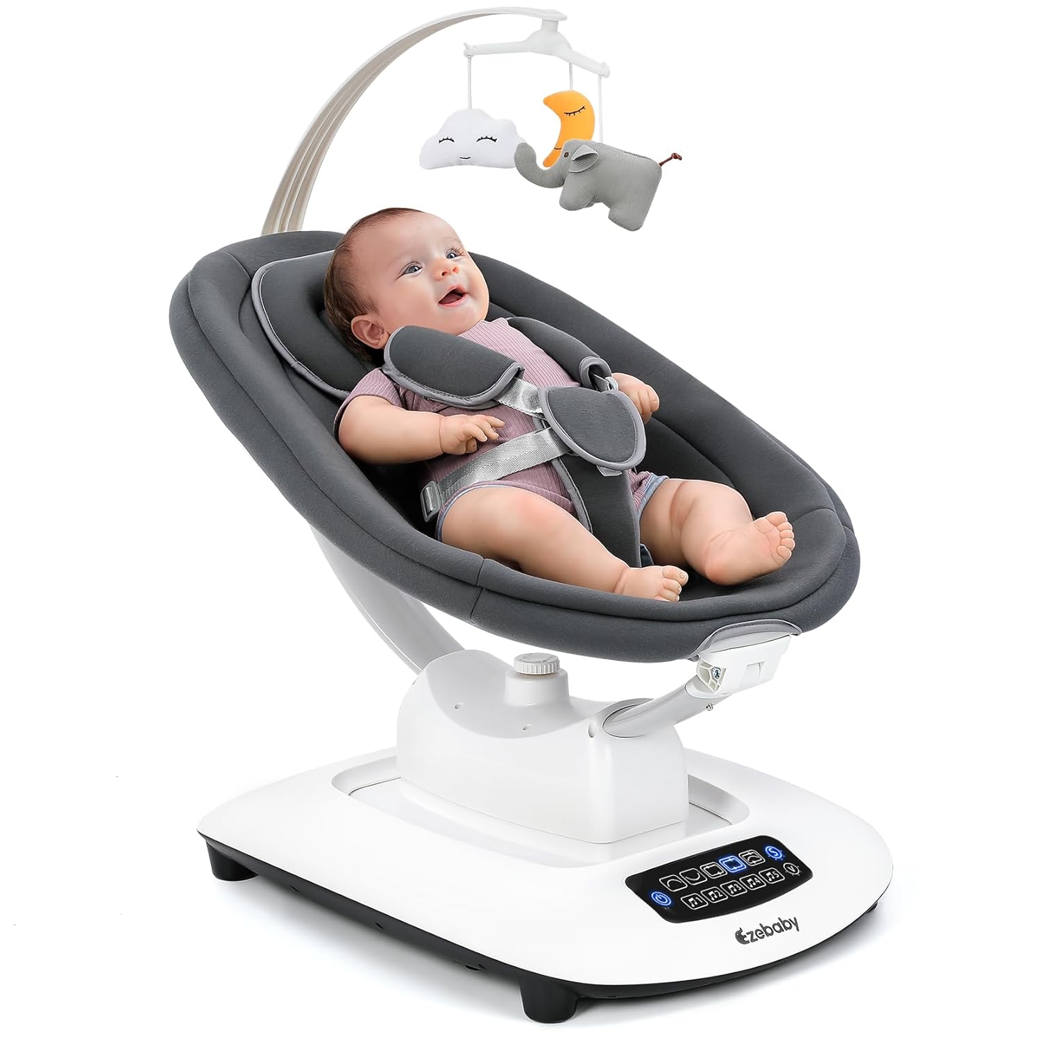 Ezebaby Electric Baby Swing for Infants with 5 Unique Motions, 5 Speeds, Lullabies, Bluetooth Enabled, Smart Baby Swings for Newborn with 5-Point Harness & Remote Control for 0-9 Months, Grey