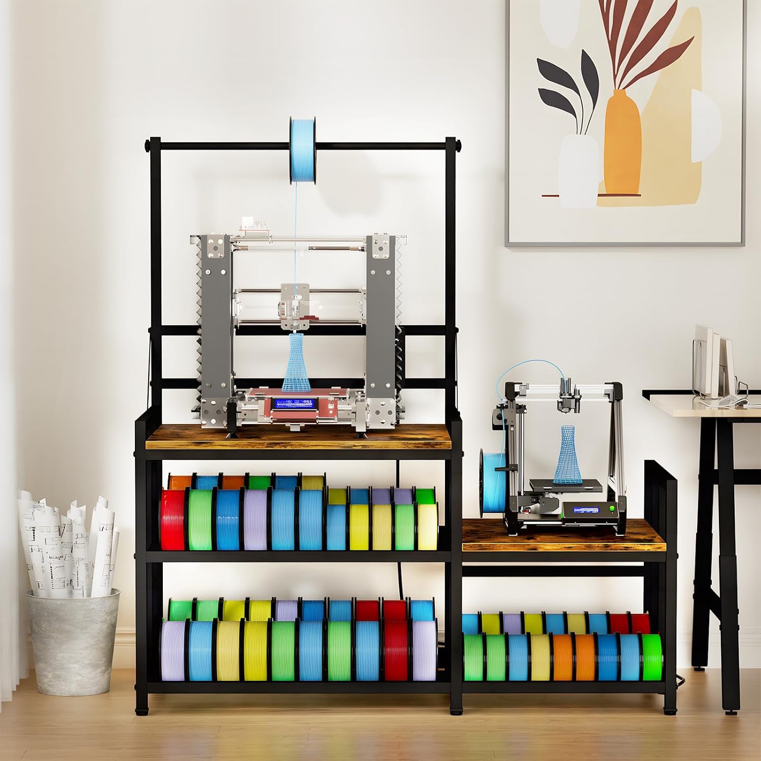 3D Printer Table with Filament Storage 3D Printer Stand with Power Outlet,Heavy Duty 3D Printer Desk for ABS, PLA, TPU Filament Spools, Home Offices and Studios Retro Brown