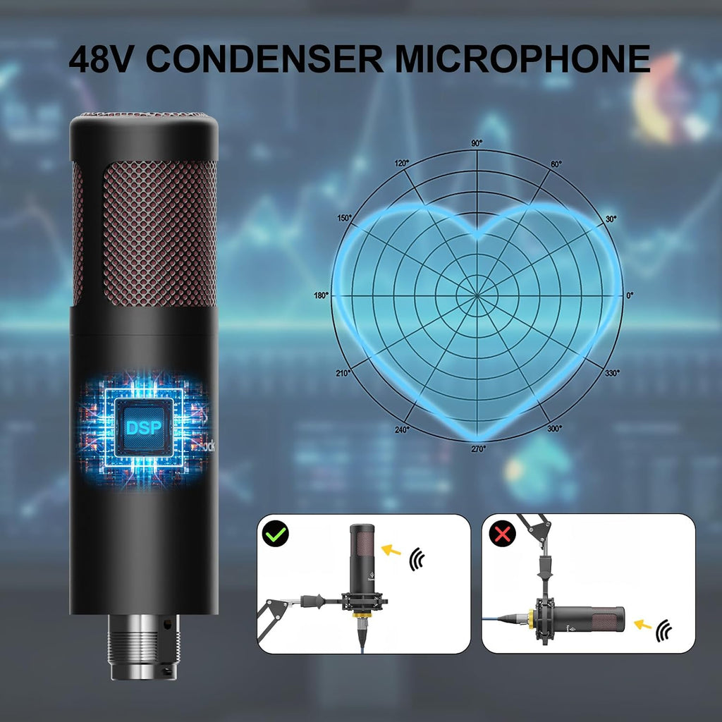 Podcast Equipment Bundle for 2, RGB Mixer with Premium 48V XLR Condenser Microphone Micro-SD card, Surround Sound, for Live Streaming/TikTok/YouTube, Compatible with iOS,Android,PC,Camera RS2i2