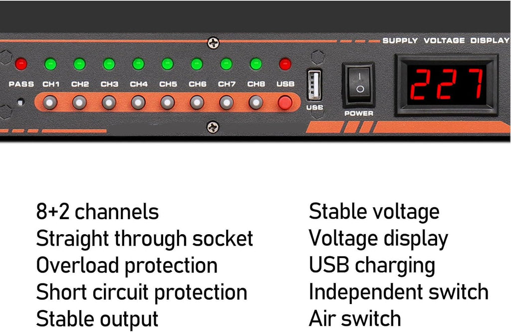 10 Outlet Power Sequencer, High Power Audio Equipment Power Controller with Digital Voltage Display, for Stage Amplifier Studio PA System AV Equipment (US Plug)