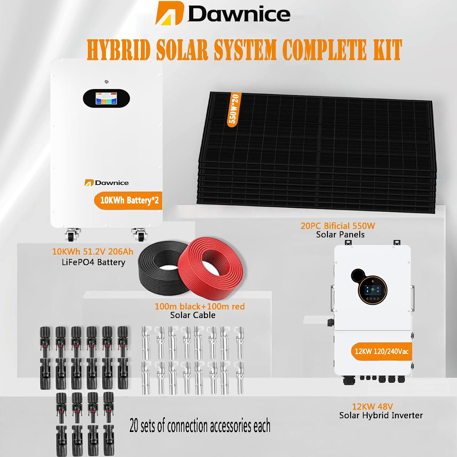 11000W Hybrid Grid Home Solar Power System Complete kit with 12KW Solar Hybrid Inverter,2Sets 48V 10KWh LiFePO4 Battery 20PCS Bificial 550W Solar Panels with MPPT Controller 120/240Vac