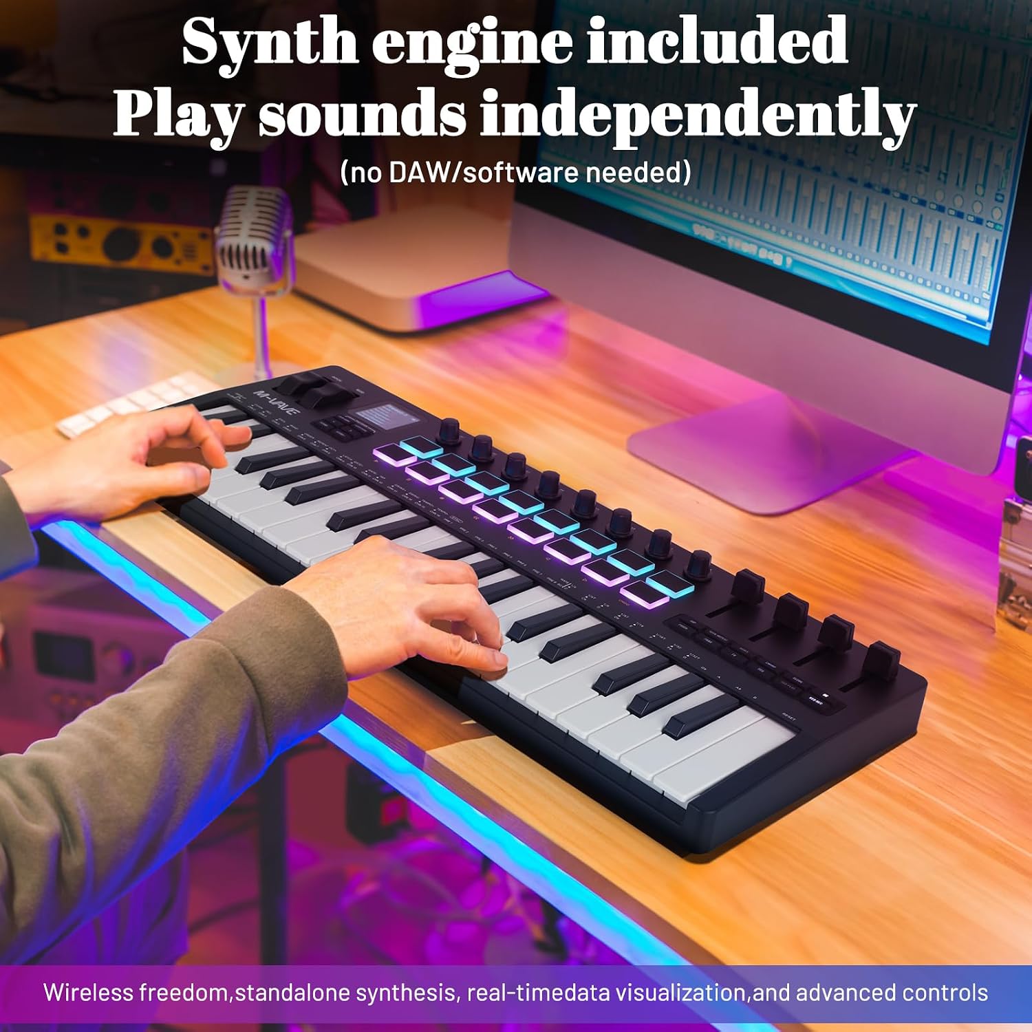 M-VAVE 37 Key USB MIDI Keyboard Controller With 16 Backlit Drum Pads, Bluetooth Semi Weighted Professional dynamic keybed 8 Knobs and Music Production,Software Included (37 Key Black)