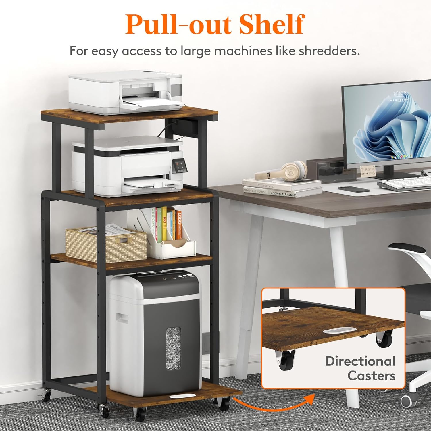 Lifewit 4 Tier Printer Stand with 3 Power Outlets, Wheels and Adjustable Storage Shelf for Home Office, Rolling Printer Cart for Shredder, Scanner, Fax, Hold 340lbs, Rustic Brown