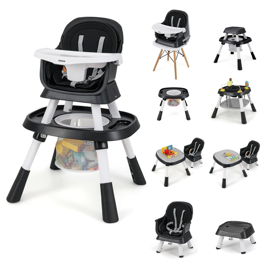 INFANS 9 in 1 High Chair, Convertible Baby Highchair for Babies and Toddlers, Table and Chair Set Building Block Infant Dining Booster Seat, Kids Stool with Activity Children Play Kitchen (Black)