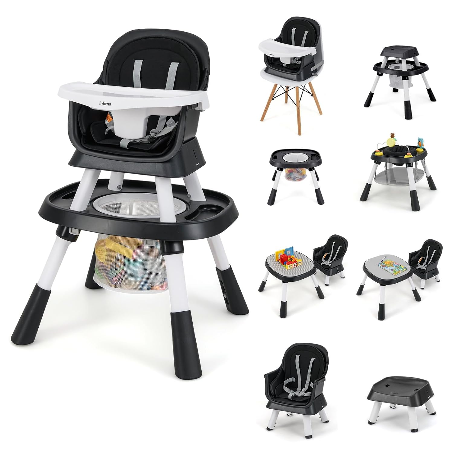 INFANS 9 in 1 High Chair, Convertible Baby Highchair for Babies and Toddlers, Table and Chair Set Building Block Infant Dining Booster Seat, Kids Stool with Activity Children Play Kitchen (Black)