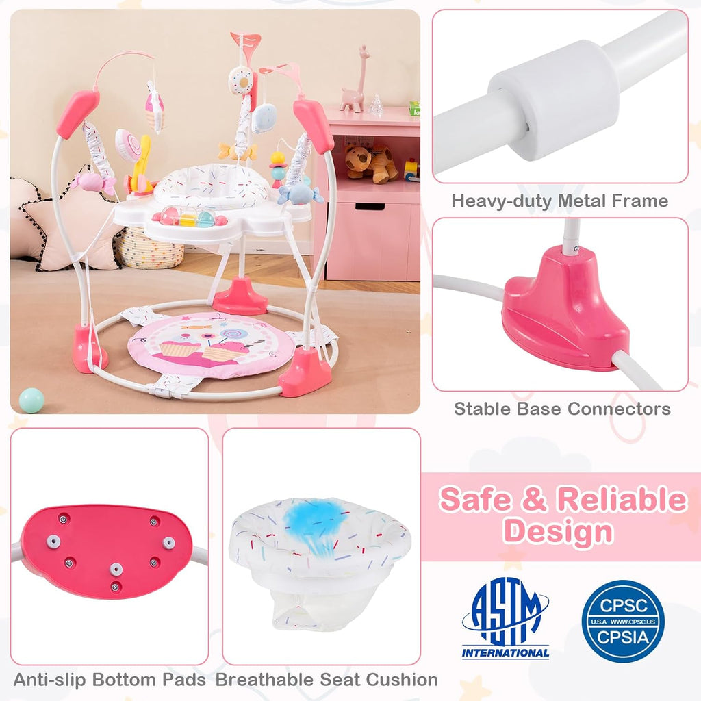 HONEY JOY Baby Bouncer Activity Center, Infant Jumper and Table w/ 360° Rotary Seat, 3 Adjustable Heights, Mat, Music, Lights, Sounds & Developmental Toys, Activity Center for Babies (Pink)