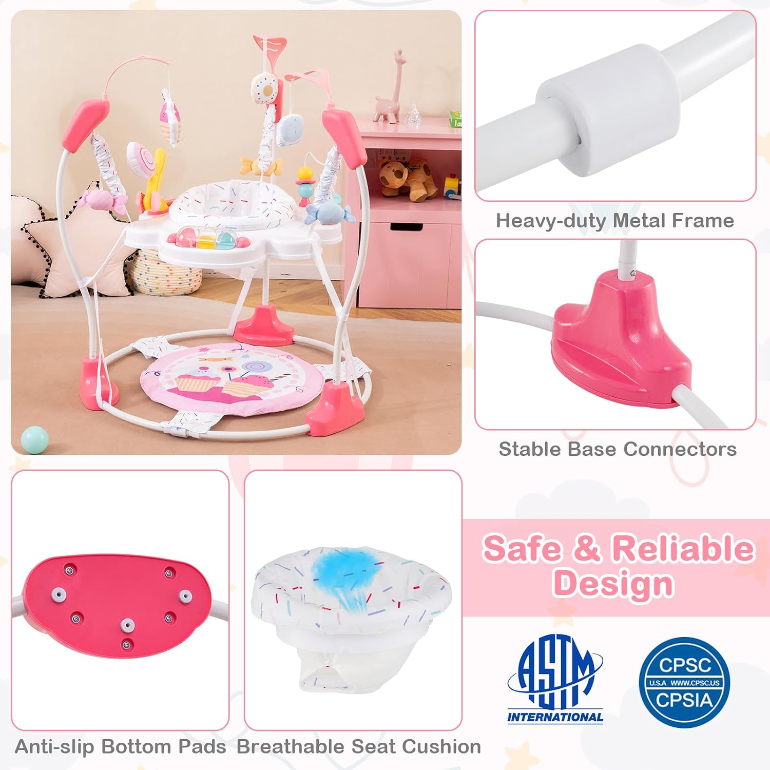 HONEY JOY Baby Bouncer Activity Center, Infant Jumper and Table w/ 360° Rotary Seat, 3 Adjustable Heights, Mat, Music, Lights, Sounds & Developmental Toys, Activity Center for Babies (Pink)