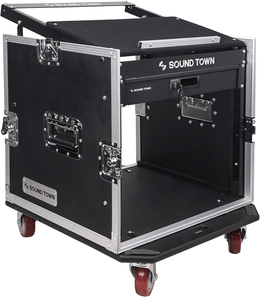 Sound Town High-Quality 1/2' (12mm) Plywood 10U PA DJ Pro Audio Rack/Road ATA Case with 11U Slant Mixer Top, Locking Drawer, 20'' Rackable Depth and Casters (STMR-10D2)