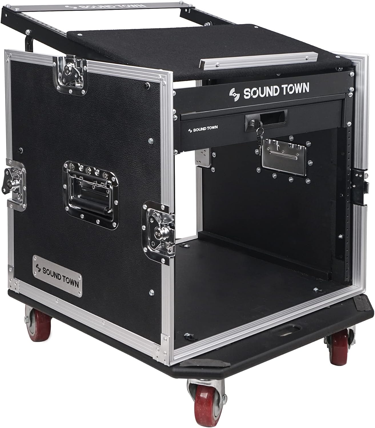 Sound Town High-Quality 1/2' (12mm) Plywood 10U PA DJ Pro Audio Rack/Road ATA Case with 11U Slant Mixer Top, Locking Drawer, 20'' Rackable Depth and Casters (STMR-10D2)