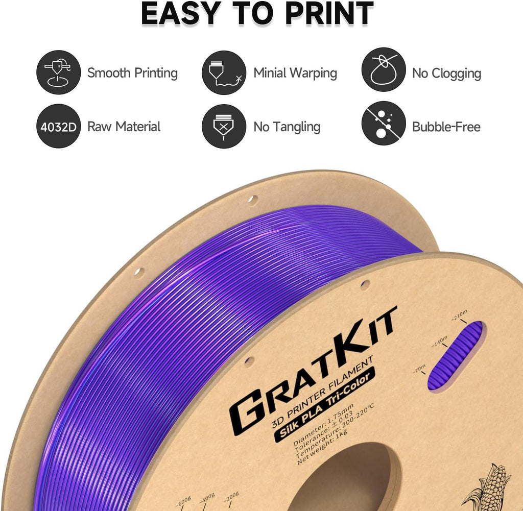 Gratkit Silk Tri-Color PLA Filament，Coextrusion PLA Filament 1.75mm, +/-0.03mm, 10 * 1KG/Roll, Silk PLA 10KG Bundle Multicolor