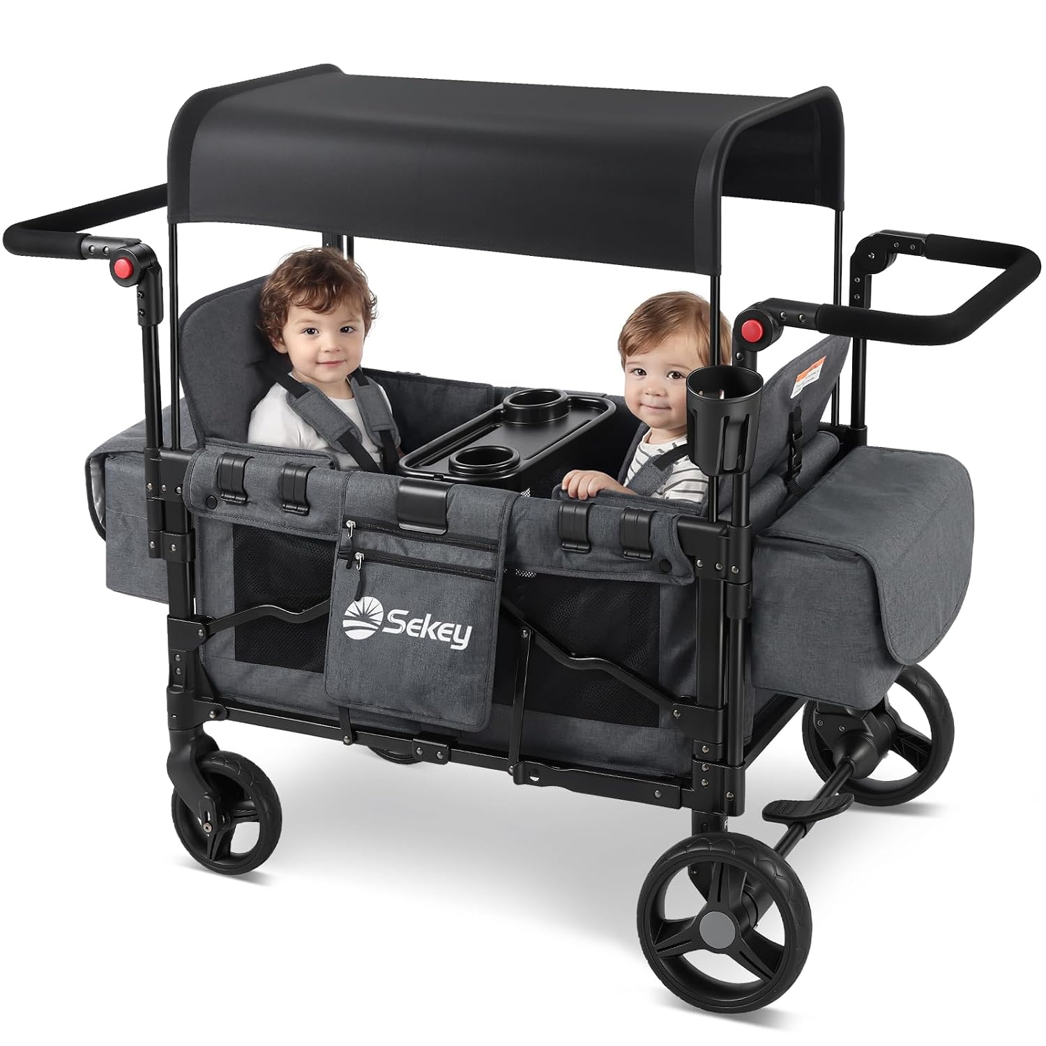 Sekey Wagon Stroller for 2 Kids, Luxury 4-in-1 Stroller Wagon - Premium Quality with Convertible Seats, Adjustable Push Handles, Removable Canopy, Snack Tray & Cooler, US Certified