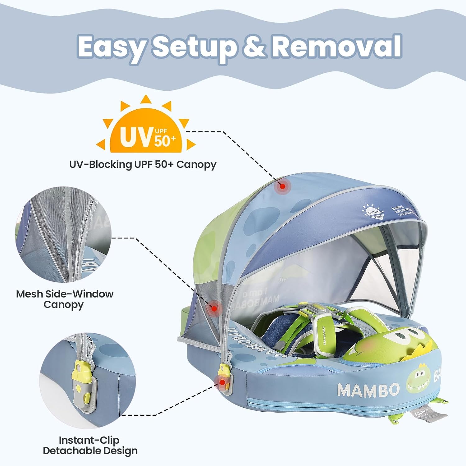 Mambobaby Float Deluxe Baby Pool Float: Safe & Comfortable Swim Trainer for Infants & Toddlers, Non-Inflatable Design, UV Protection Canopy, Fun Water Experience for Ages 3-24 Months