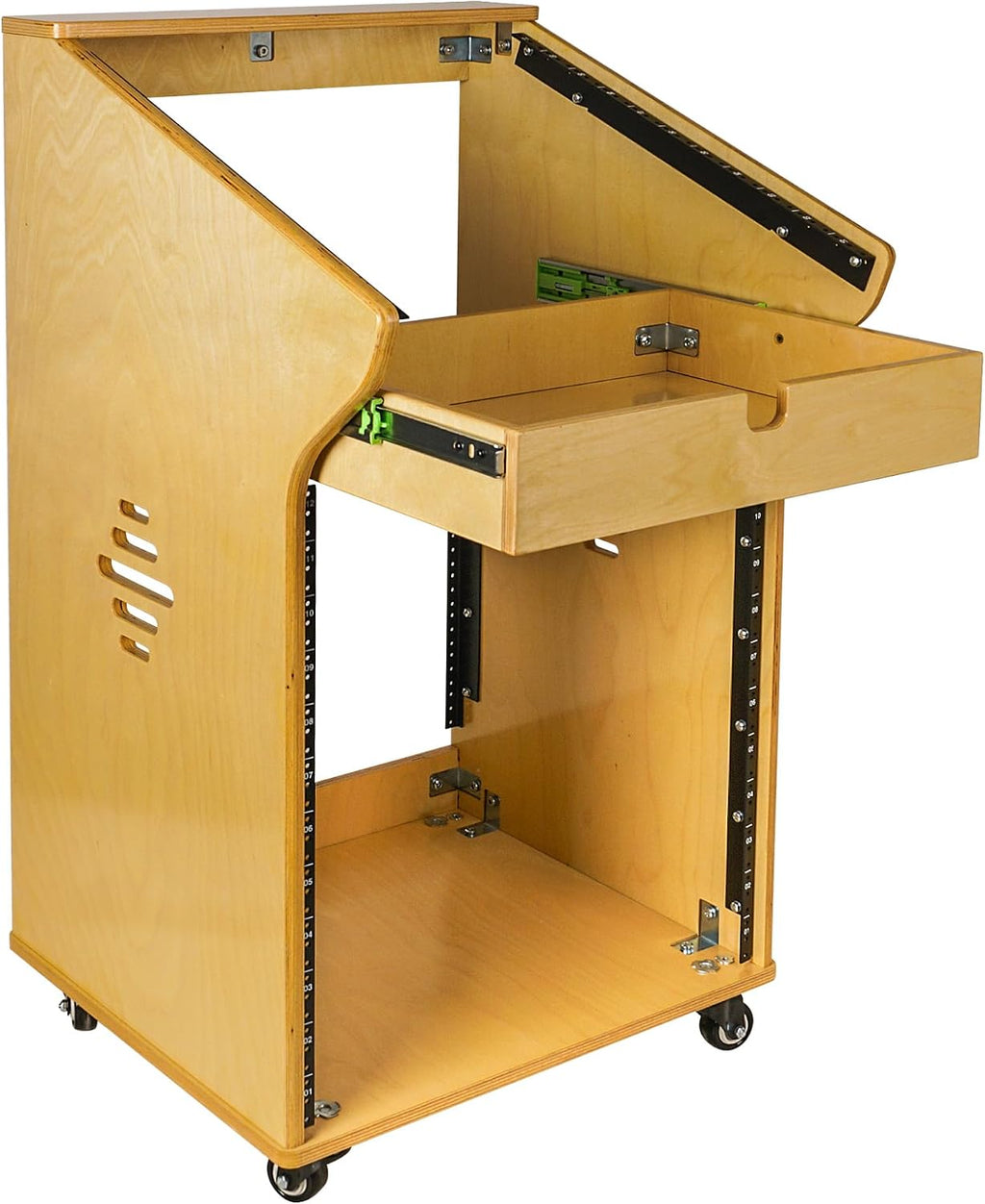 Sound Town DIY Solid Baltic Birch Plywood Studio Rack with 11U Slant Mixer Top,12U Front, 2U Drawer, Rubber Feet, Casters, Golden Oak (SDRK-M11X12)