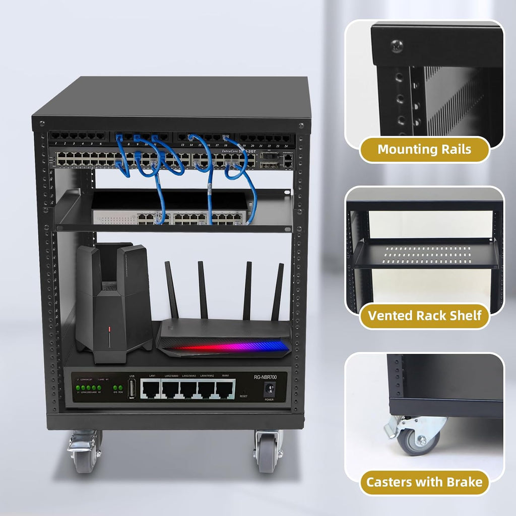 12U Rack with Caster Wheels, Heavy-Duty AV Rack with Adjustable Steel Shelf, Open Frame Server Rack for IT, AV, Data & Computer Equipment, 500lb Capacity, 19.7' W x 17.7' D x 26.8' H