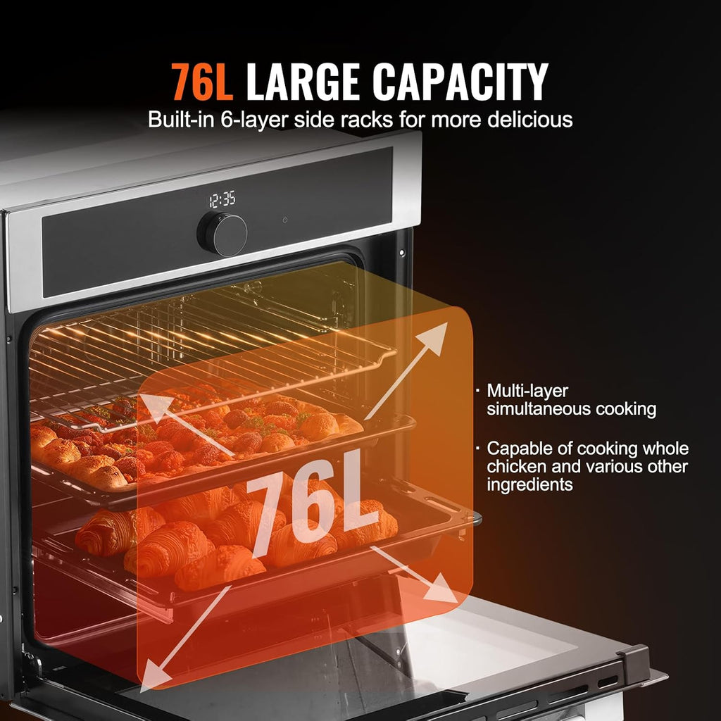 VEVOR Single Wall Oven, 24' Electric Built-in Wall Oven with 16 Cooking Functions, 2.68 Cu.Ft Electric Wall Ovens with Timer, 3150W 76L Large Capacity Ovens with Baking Rack and Tray, for Kitchen