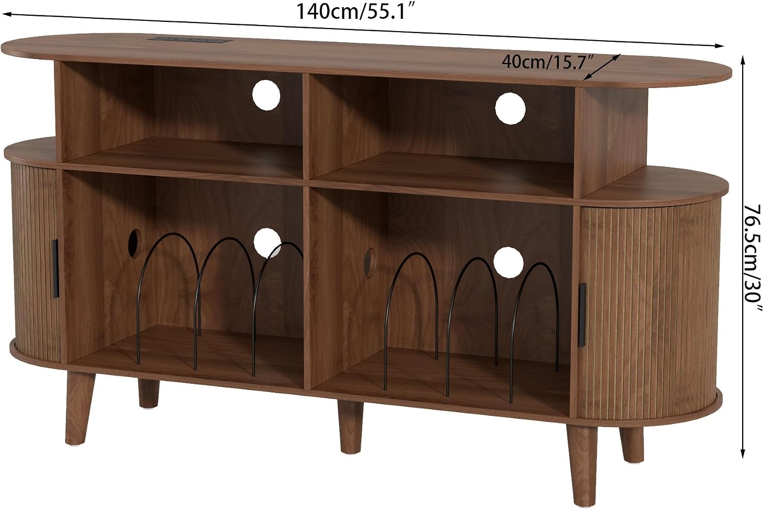 LUVIOHOME Large Round Record Player Stand with Charging Station & USB Ports，Record Storage Cabinet, Mid Century Modern Turntable Stand for Bedroom Living Room (Walnut)