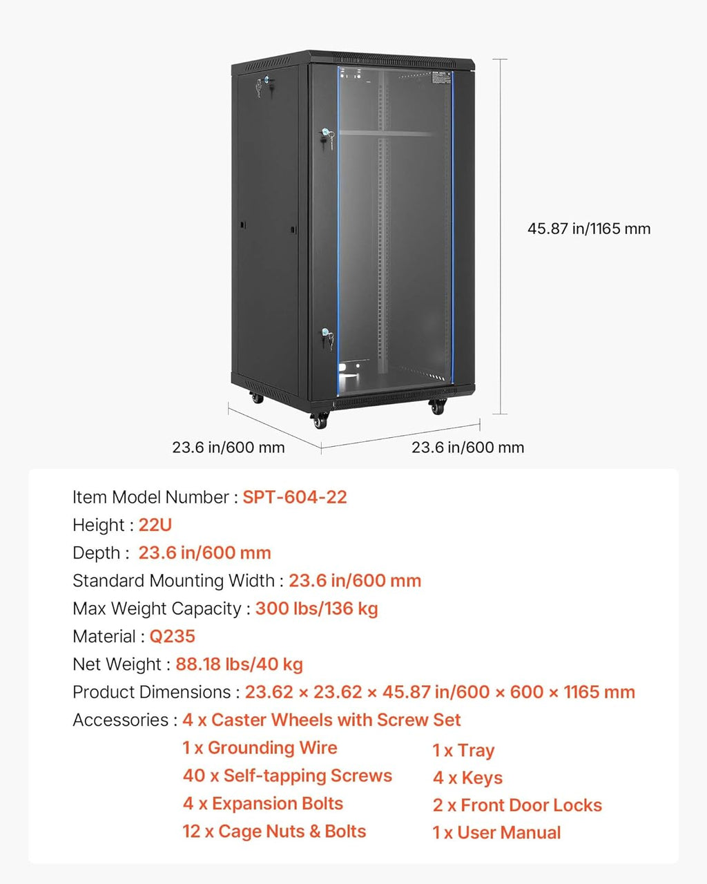 VEVOR 22U Server Rack Cabinet, Network Cabinet Wall Mount, 23.6 in Depth, Network Rack Enclosure with Locking Tempered Glass Door, 4 Casters, Side Panels, for 19'' IT Equipment, A/V Devices