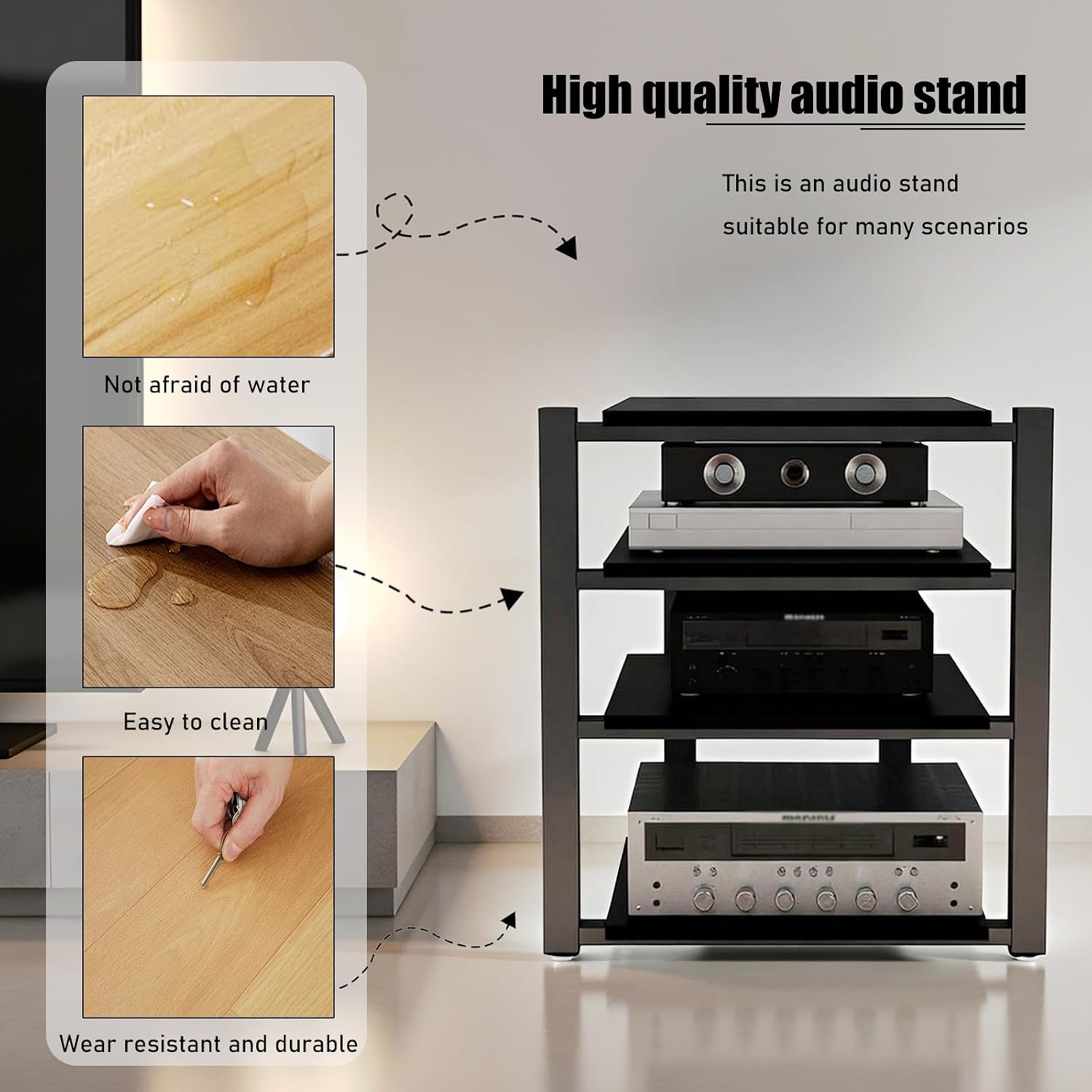 Heavy Duty Audio Rack Tower, Av Media Player Stand with Wooden Shelves, Black Cd Stereo Equipment Cabinet, Suitable for Home,Office/Audio Video/Theate (Black, 3 Tier)