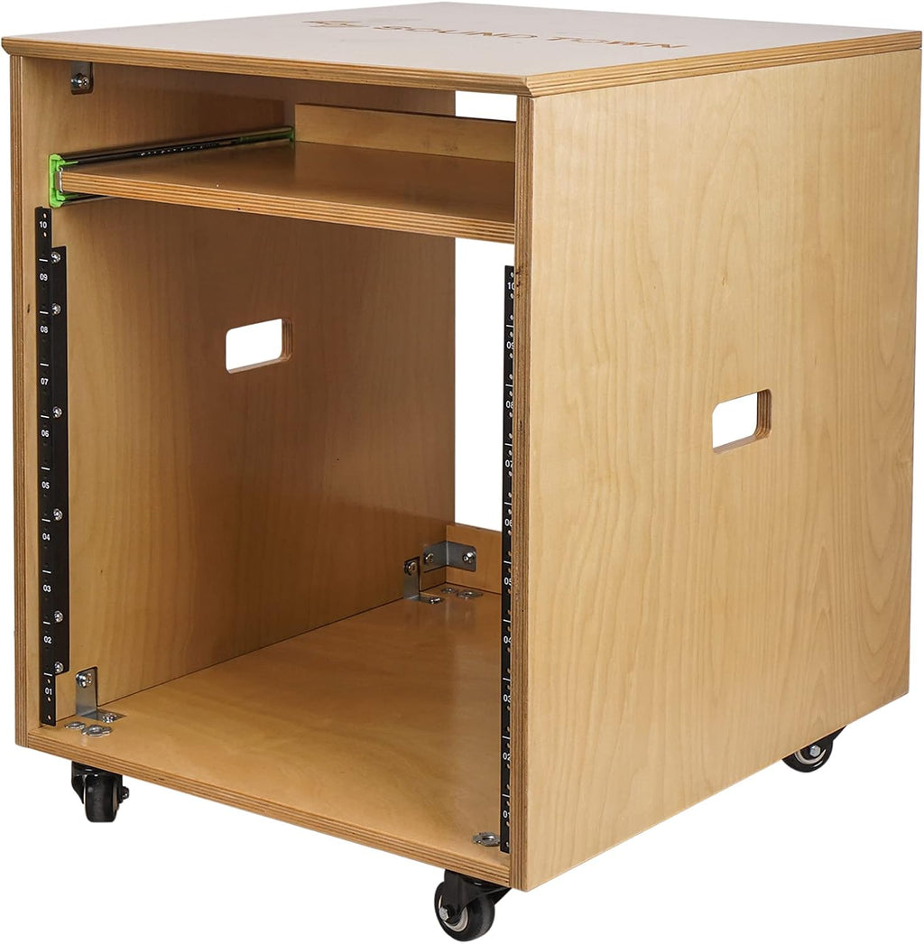 Sound Town 10U Solid Baltic Birch Plywood Studio Rack Desk with Slide-Out Tray, Rubber Feet, Casters, for Recording, Podcasts, Broadcasts, Streaming, Golden Oak (SDRK-ST10)