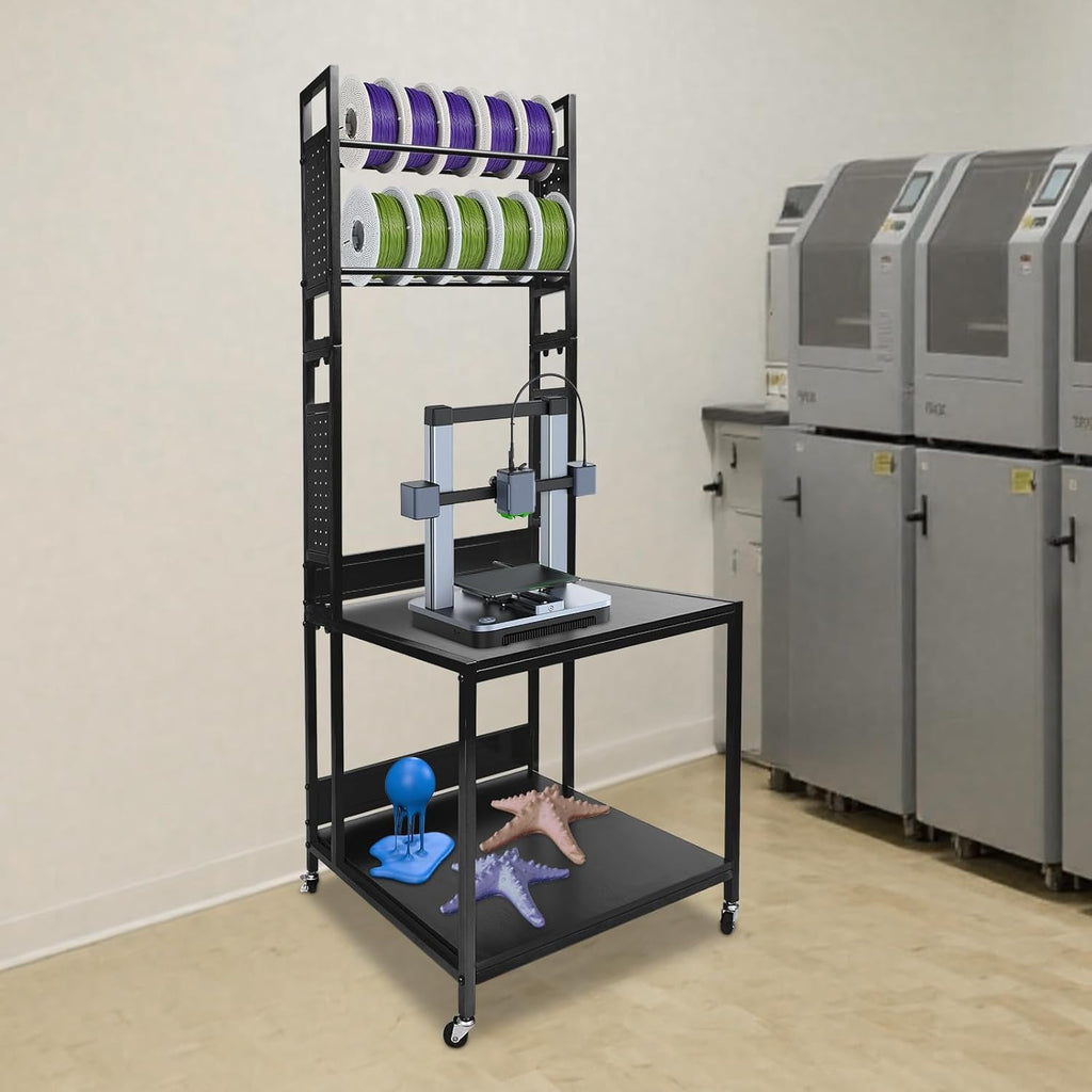 3D Printer Stand with Filament Storage, 3D Printer Filament Storage Rack, Rolling Printers Cart, Heavy Duty Mobile Printer Table with Wheels for Workshop Studio Office - Black