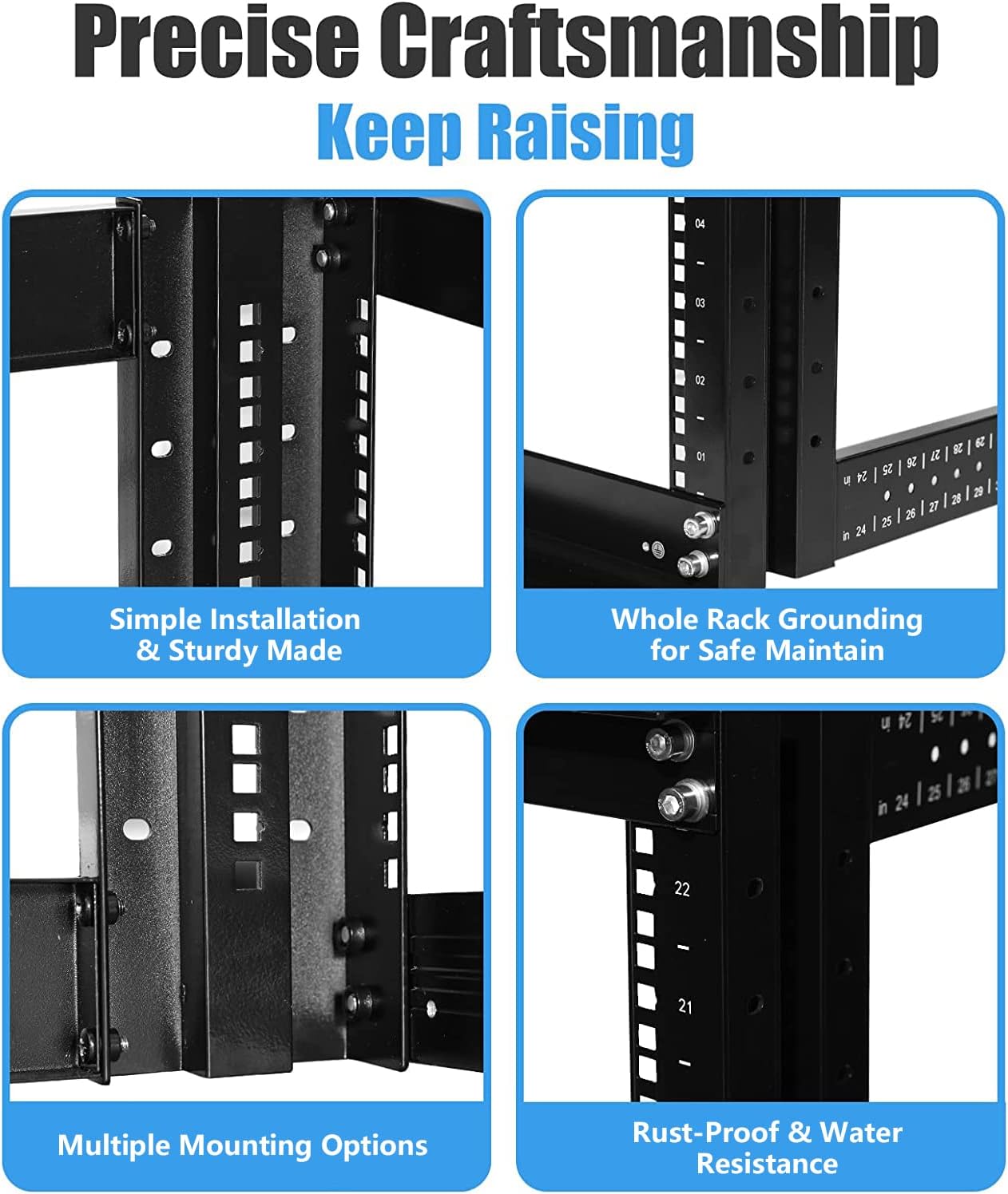Raising ELECTRONIS 24U 4 Post Open Rack Frame Rack Enclosure 19 Inch Adjustable Depth Aluminum UL Certified