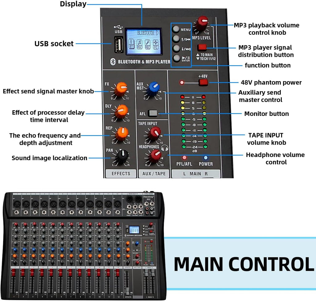 Depensheng DX12 DJ Sound Controller Interface w/USB Drive for Computer Recording 12-Channel Studio Audio Mixer - XLR Microphone Jack, 48V Power, RCA Input/Output for Professional and Beginners