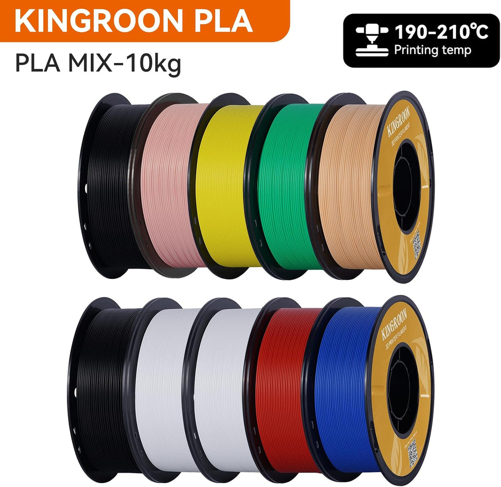 Kingroon PLA 3D Printer Filament,10 Rolls, Dimensional Accuracy +/- 0.03 mm, 10kg Spool(22lbs),1.75 mm,2Black+2White+Red+Green+Blue+Pink+Yellow+Skin