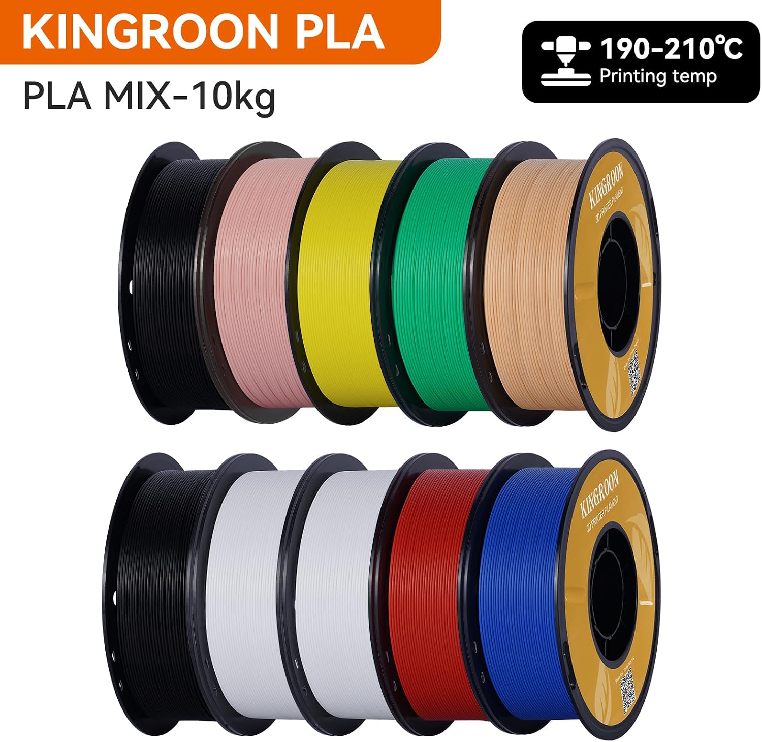 Kingroon PLA 3D Printer Filament,10 Rolls, Dimensional Accuracy +/- 0.03 mm, 10kg Spool(22lbs),1.75 mm,2Black+2White+Red+Green+Blue+Pink+Yellow+Skin