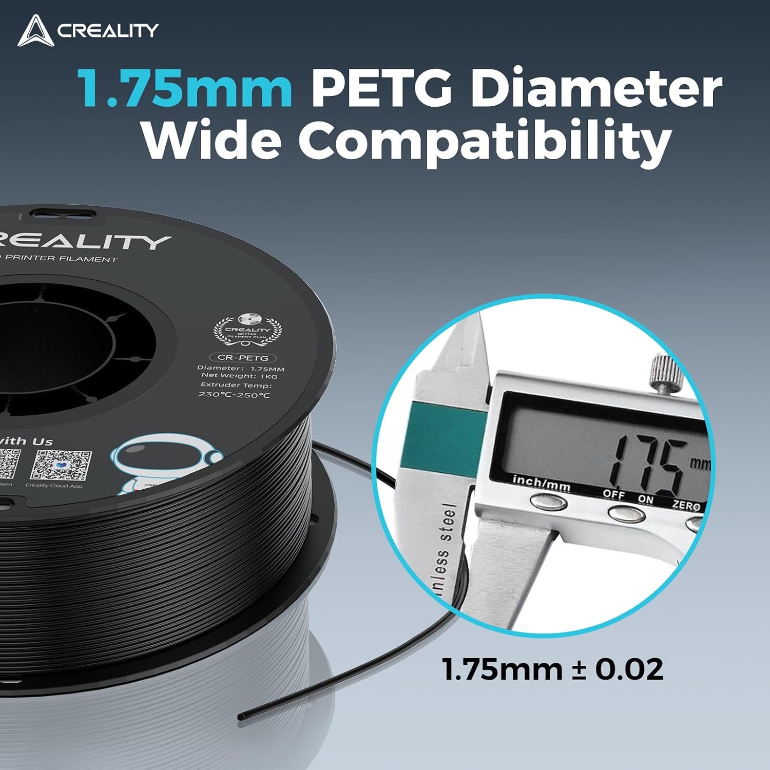Creality PETG Filament 1.75 3D Printer Filament:Excellent Toughness High Precision Dimensional Accuracy +/- 0.02 mm, 12kg Spool(26 lbs) Fits for Most FDM 3D Printers,Black