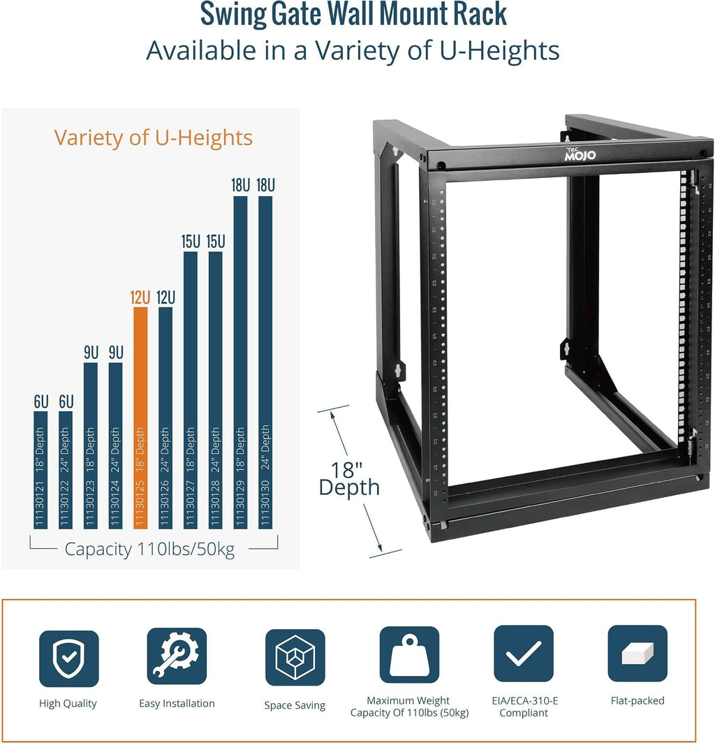 Tecmojo 12U Wall Mount Server Rack, Open Frame Network Rack for 19' Computer/AV/Data/IT/Media Equipment, 18' Depth, 16' Apart Mounting Holes, Swing Gate, Square and Tapped Holes